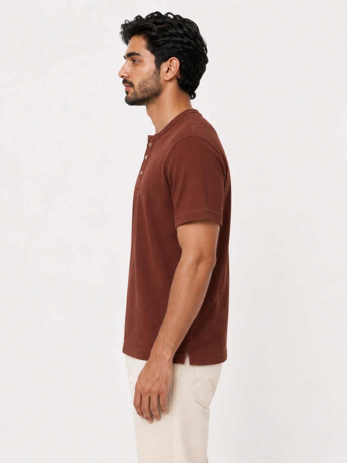 Exclusive Thermal Cotton Henley Tee Shirt - Brown