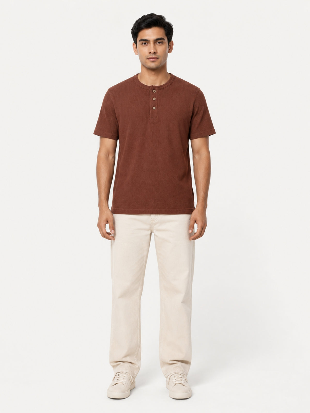 Exclusive Thermal Cotton Henley Tee Shirt - Brown