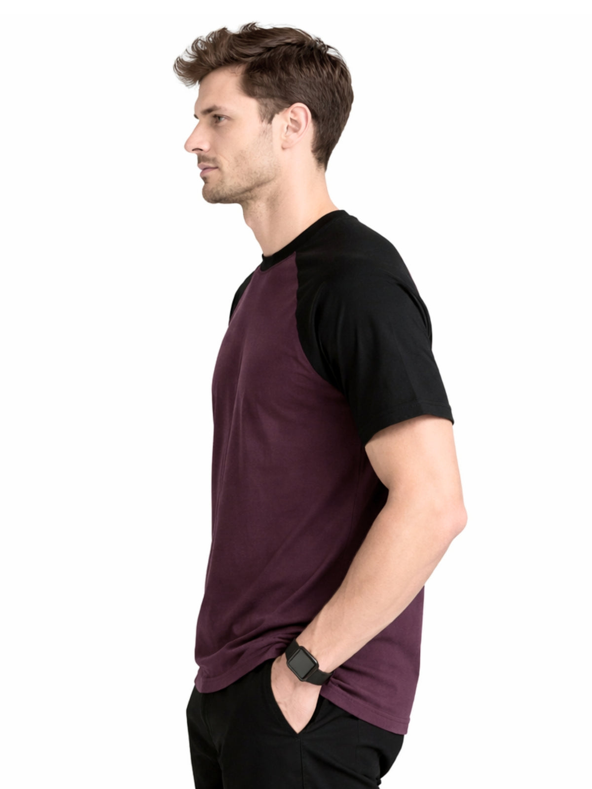 Men's Classic Raglan Tee Shirt - Dark Burgundy & Black