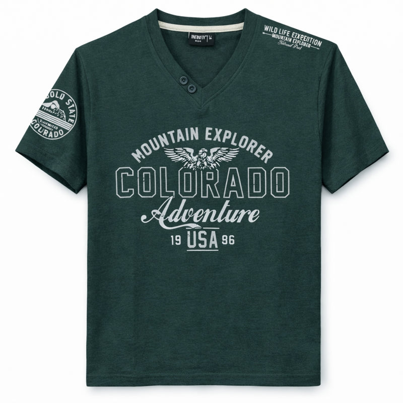 Men's Graphic Printed V Neck Tee Shirt - Jungle Green