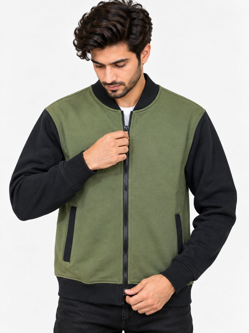 HG Contrast Sleeves Exclusive Fleece Zipper Jacket - Olive Green
