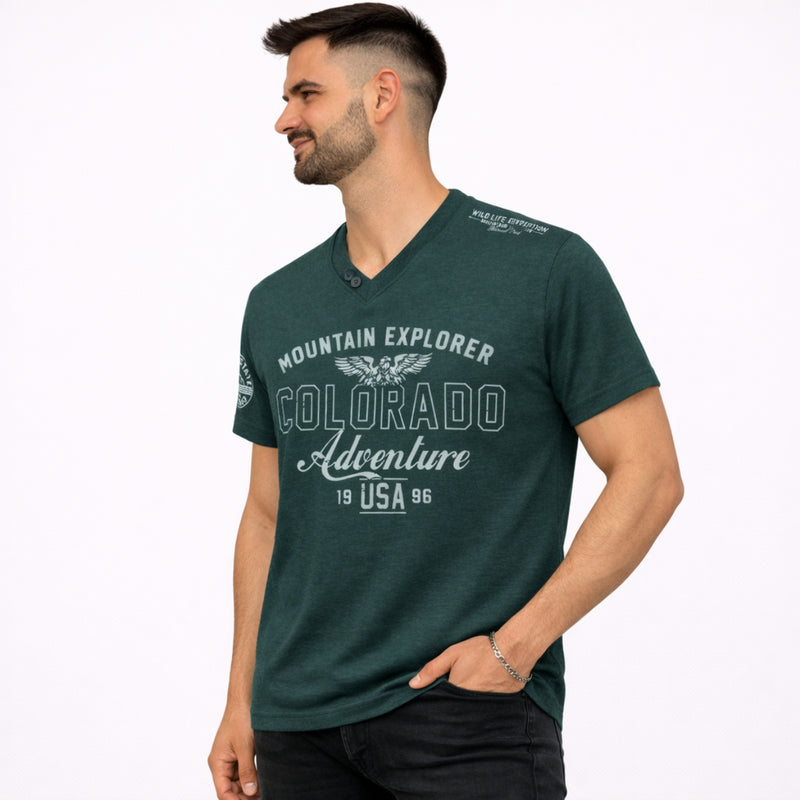 Men's Graphic Printed V Neck Tee Shirt - Jungle Green