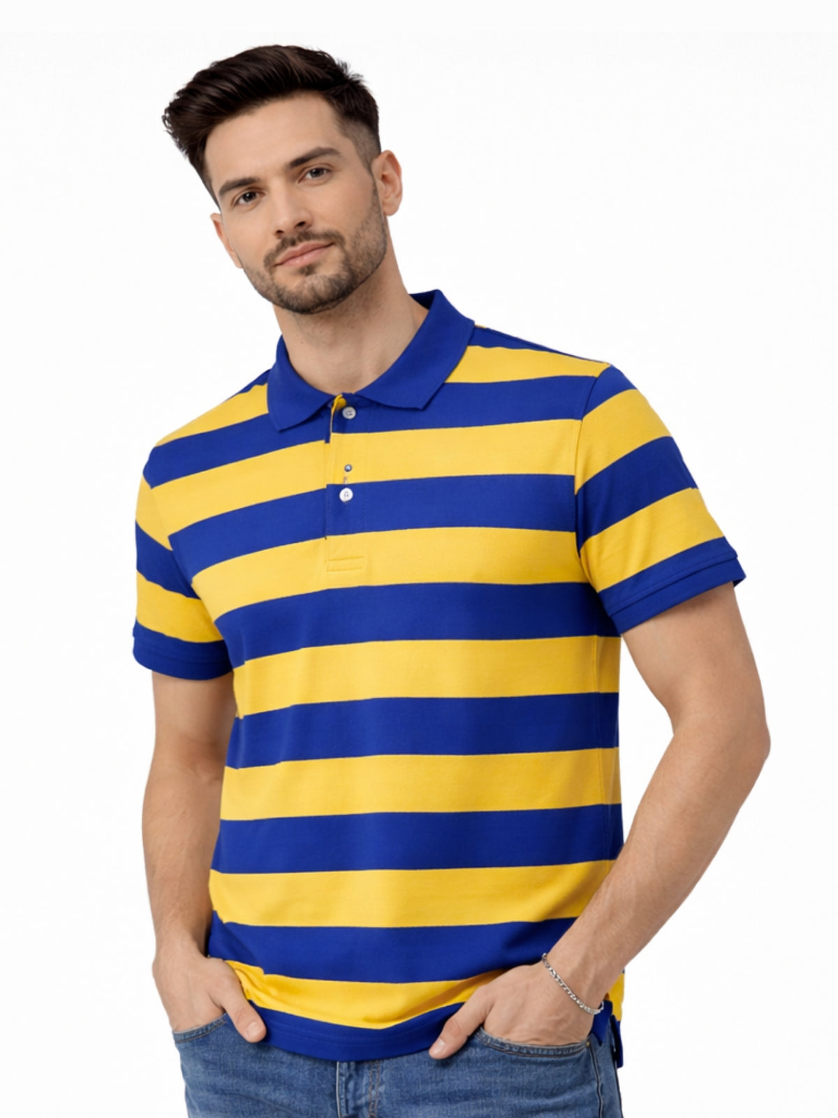 Men's Bold Stripes Jersey Polo Shirt - Royal Blue & Yellow