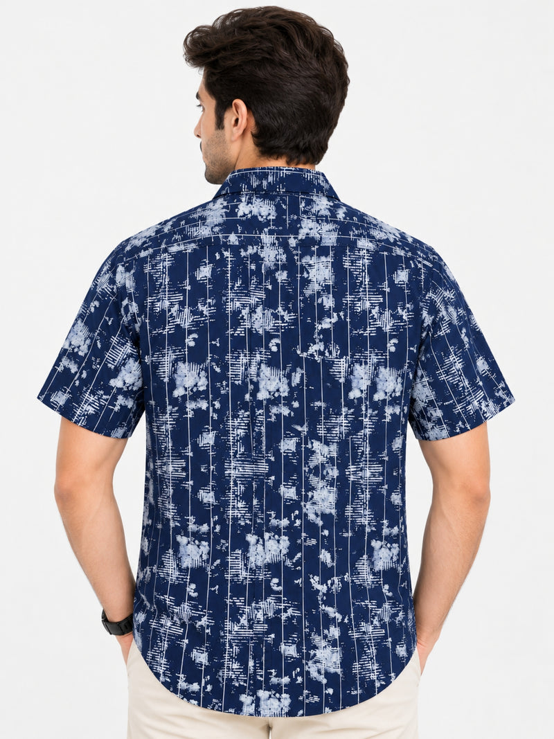 Men’s Abstract Grid Printed Casual Shirt - Navy