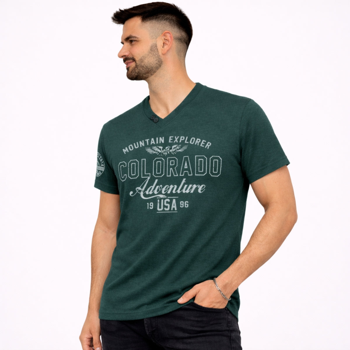 Men's Graphic Printed V Neck Tee Shirt - Jungle Green