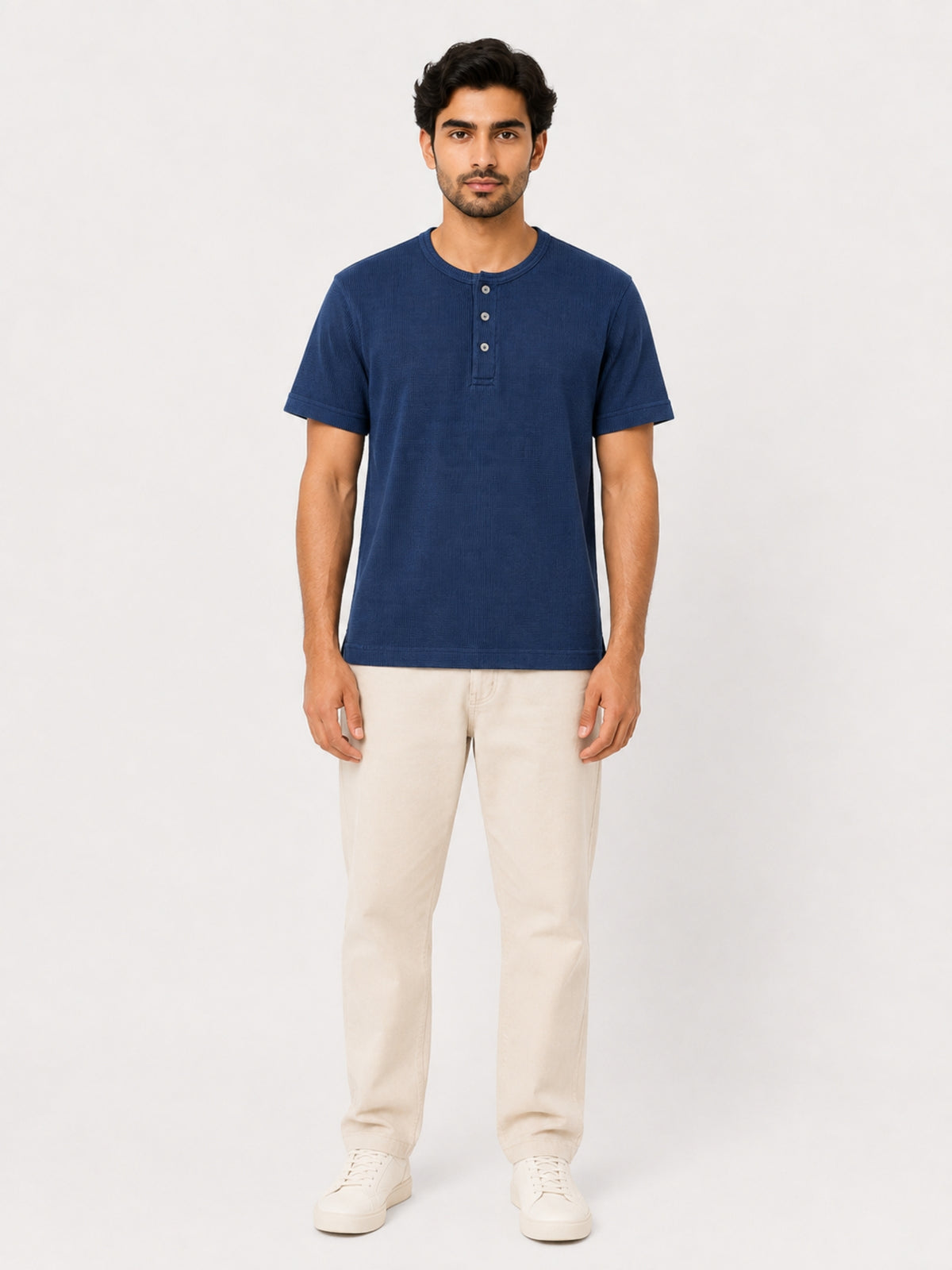 Exclusive Thermal Cotton Henley Tee Shirt - Navy