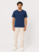 Exclusive Thermal Cotton Henley Tee Shirt - Navy