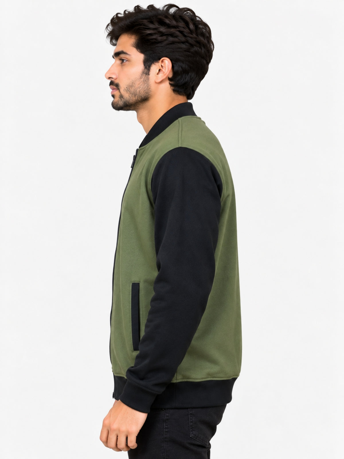 HG Contrast Sleeves Exclusive Fleece Zipper Jacket - Olive Green