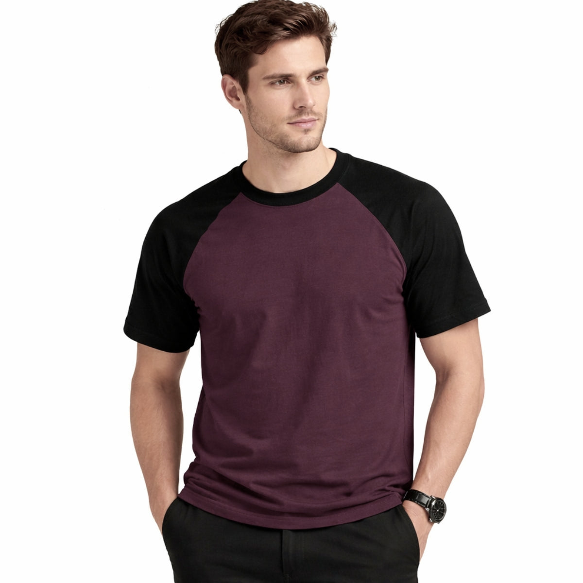 Men's Classic Raglan Tee Shirt - Dark Burgundy & Black