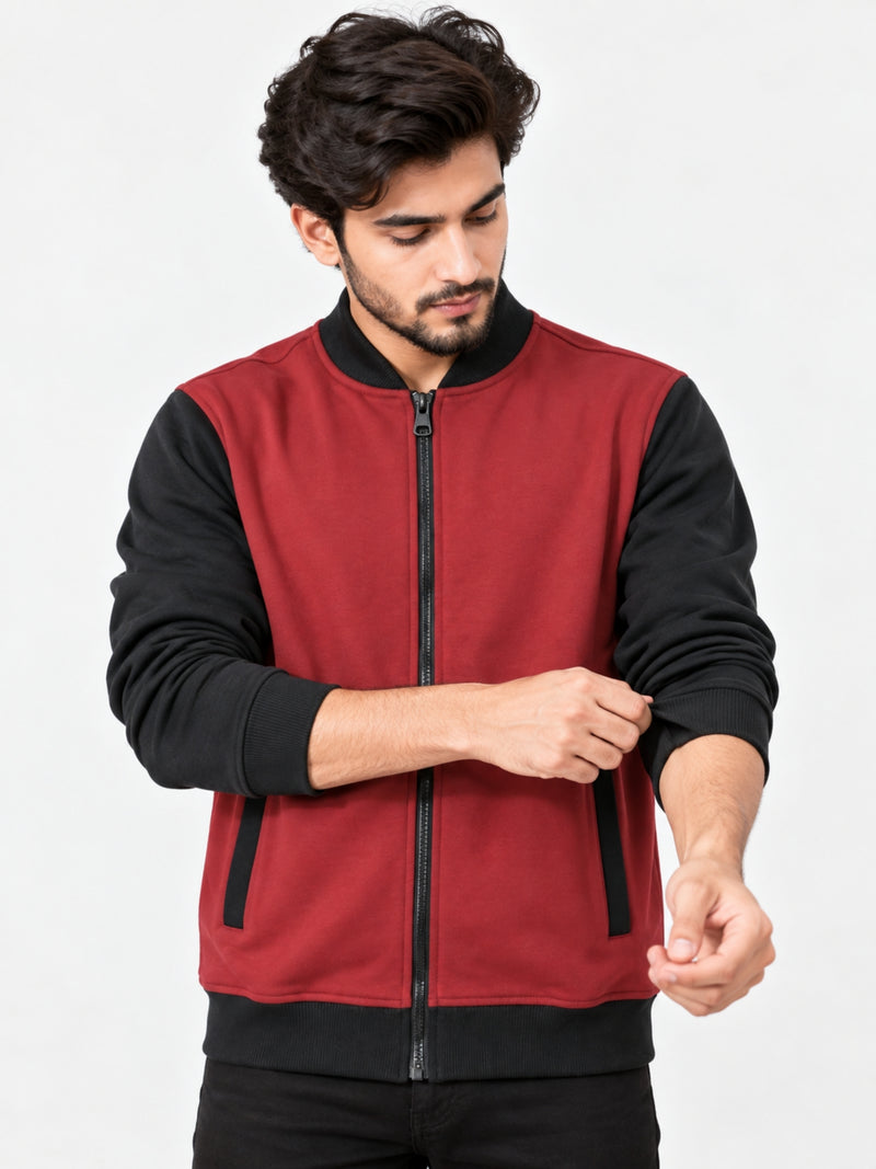 Contrast Sleeves Exclusive Fleece Bomber Jacket - Red