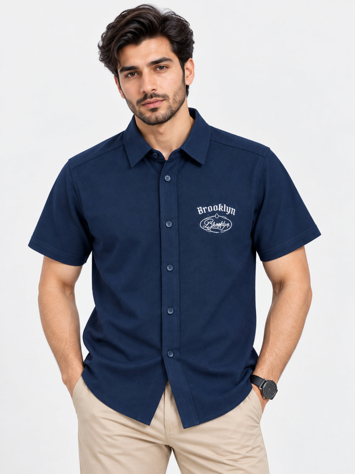 Classy "Brooklyn" Embroidered Soft Cotton Casual Shirt - Navy