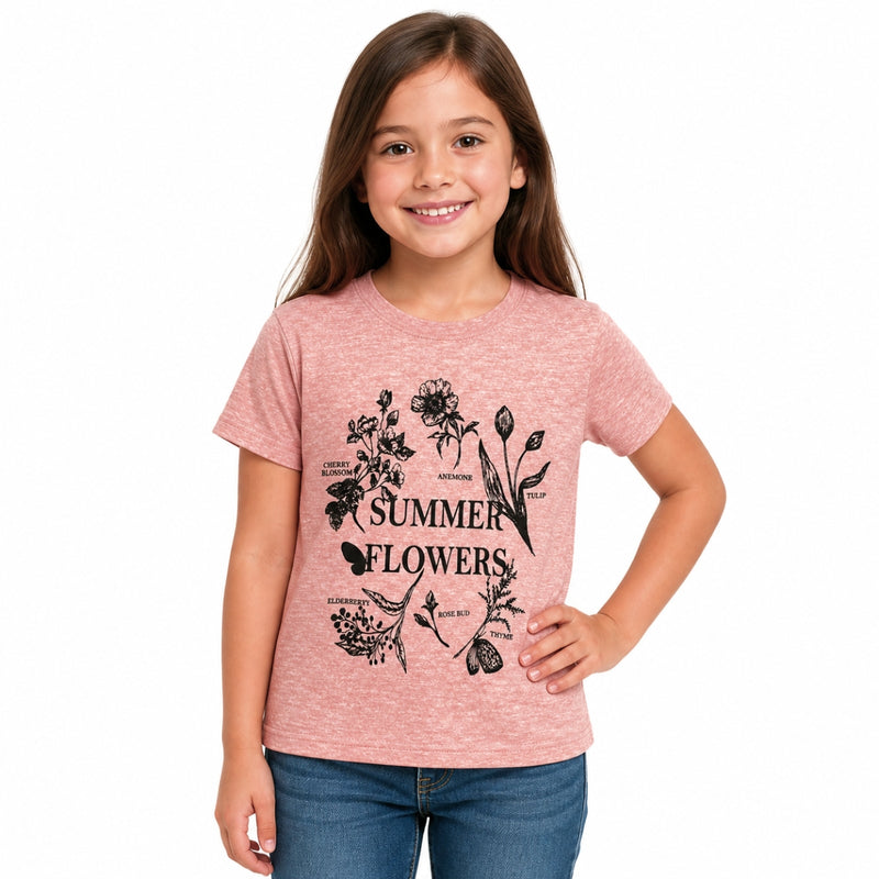 Girls’ Summer Flowers Graphic Printed T-Shirt – Peach