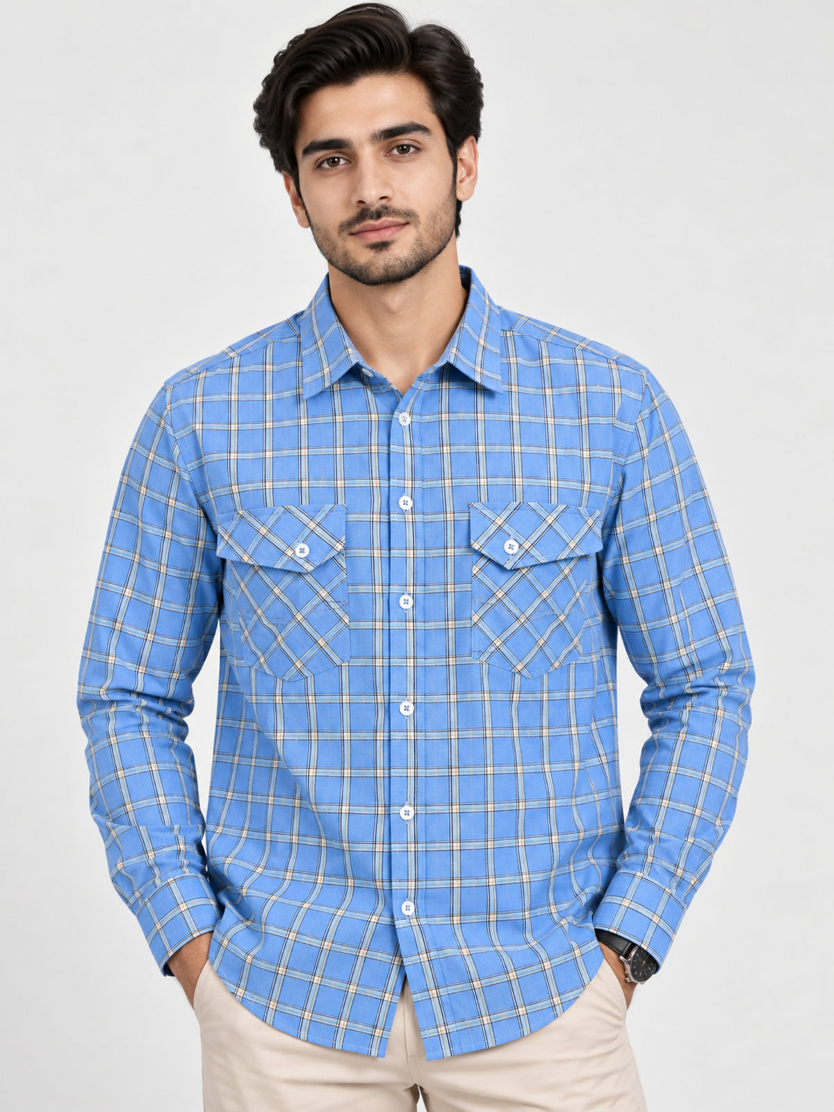 Men's Checkered Summers Casual Shirt - Sky Blue
