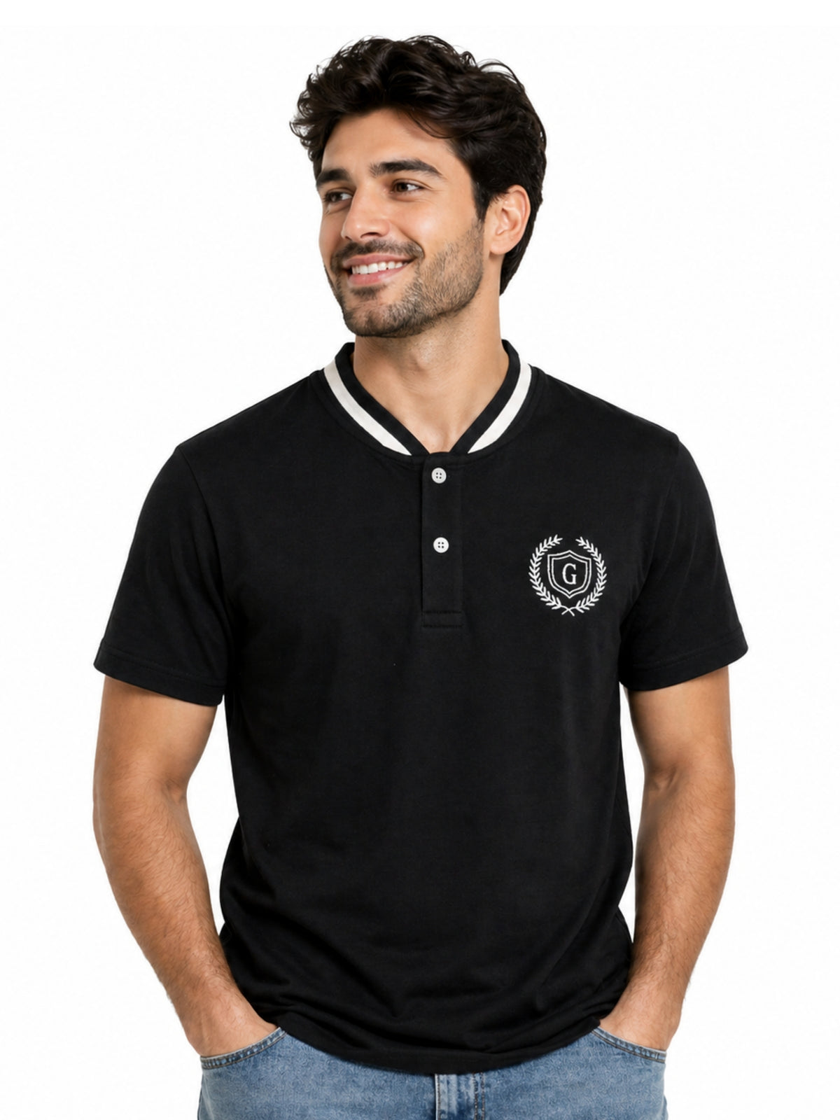 Men’s Signature Embroidered Contrast Neck Henley T-Shirt – Black