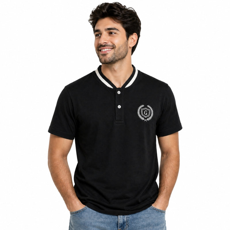 Men’s Signature Embroidered Contrast Neck Henley T-Shirt – Black