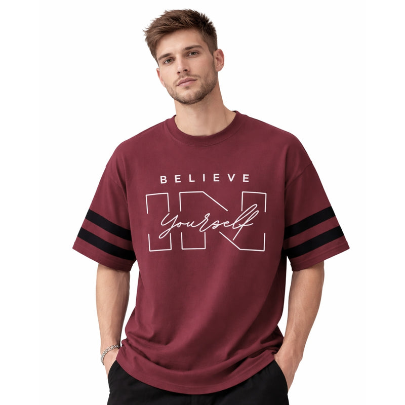 Unisex Oversized Graphic Printed Drop Shoulder T-Shirt - Red Wine