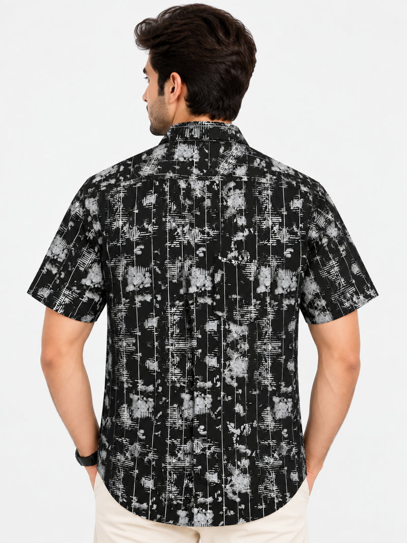 Men’s Abstract Grid Printed Casual Shirt - Black