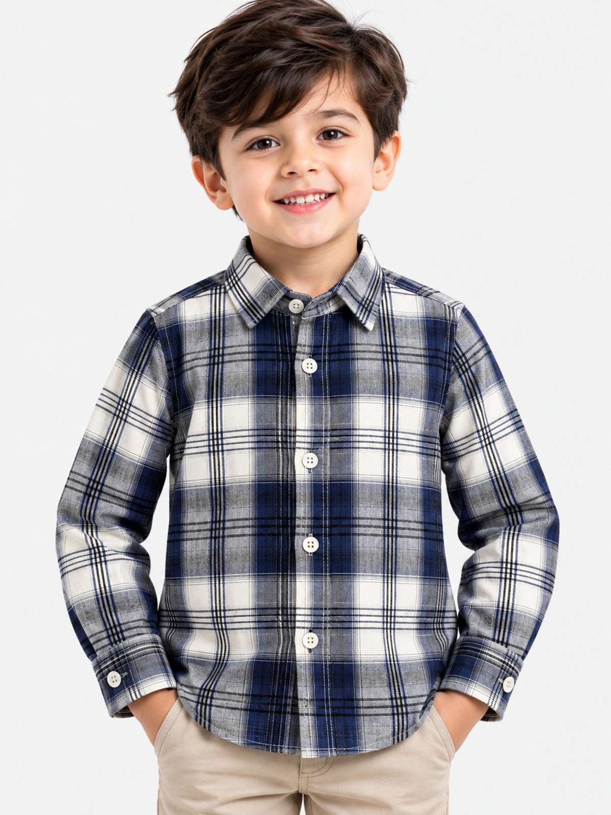 Boy's Navy & White Checkered Full Sleeves Casual Shirt