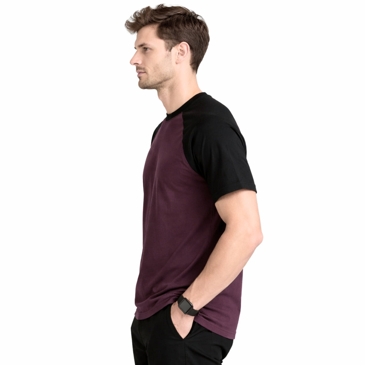 Men's Classic Raglan Tee Shirt - Dark Burgundy & Black