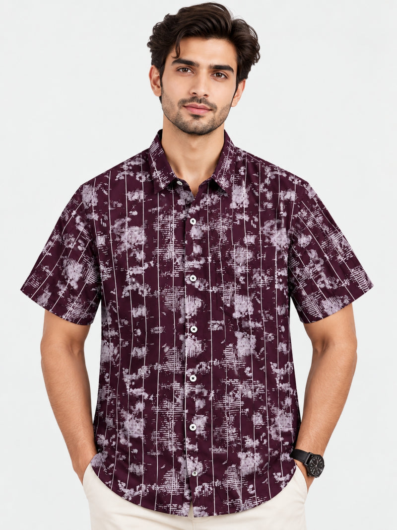 Men’s Abstract Grid Printed Casual Shirt - Maroon