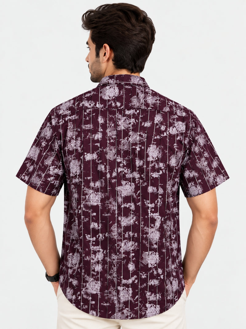 Men’s Abstract Grid Printed Casual Shirt - Maroon