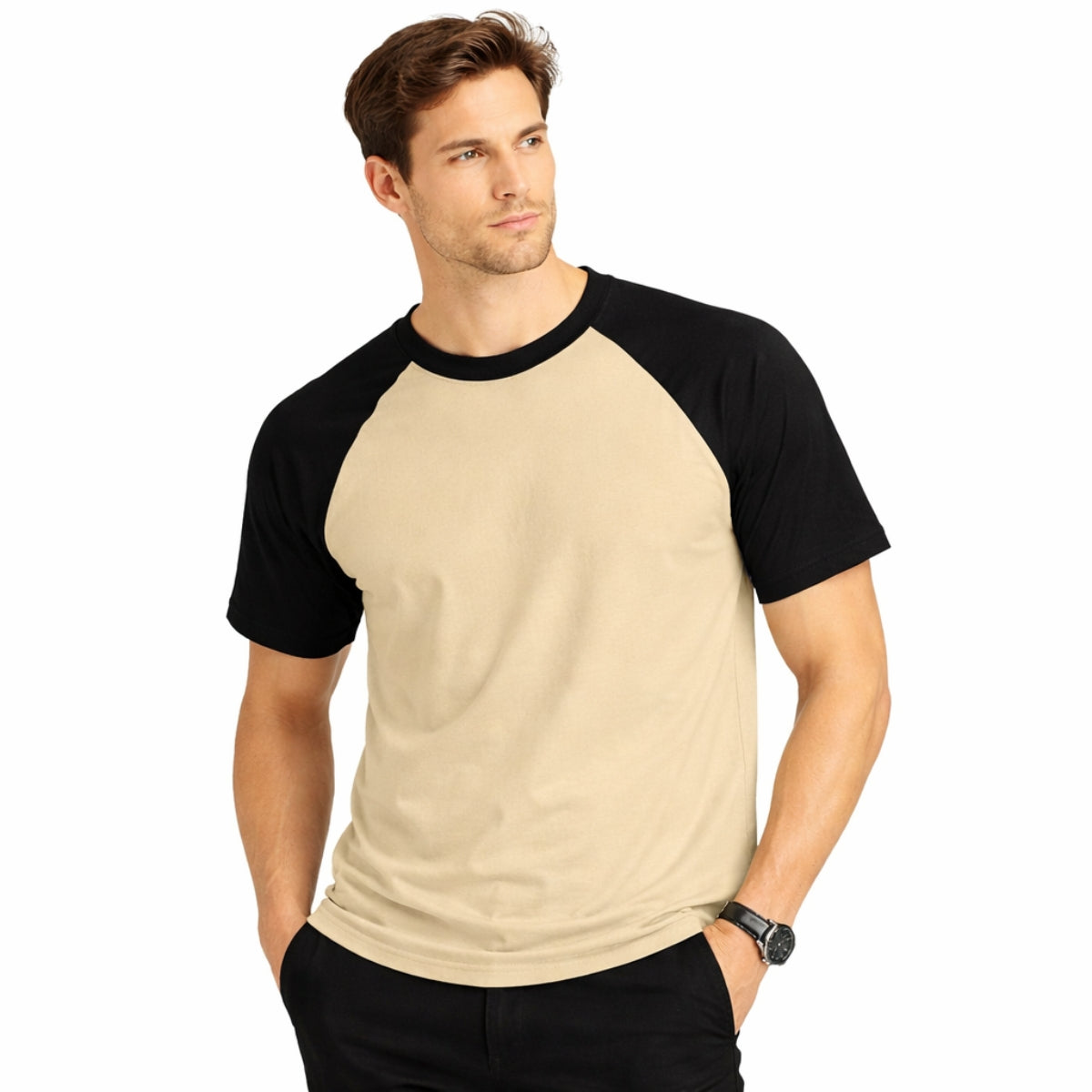 Men's Classic Raglan Tee Shirt - Beige & Black