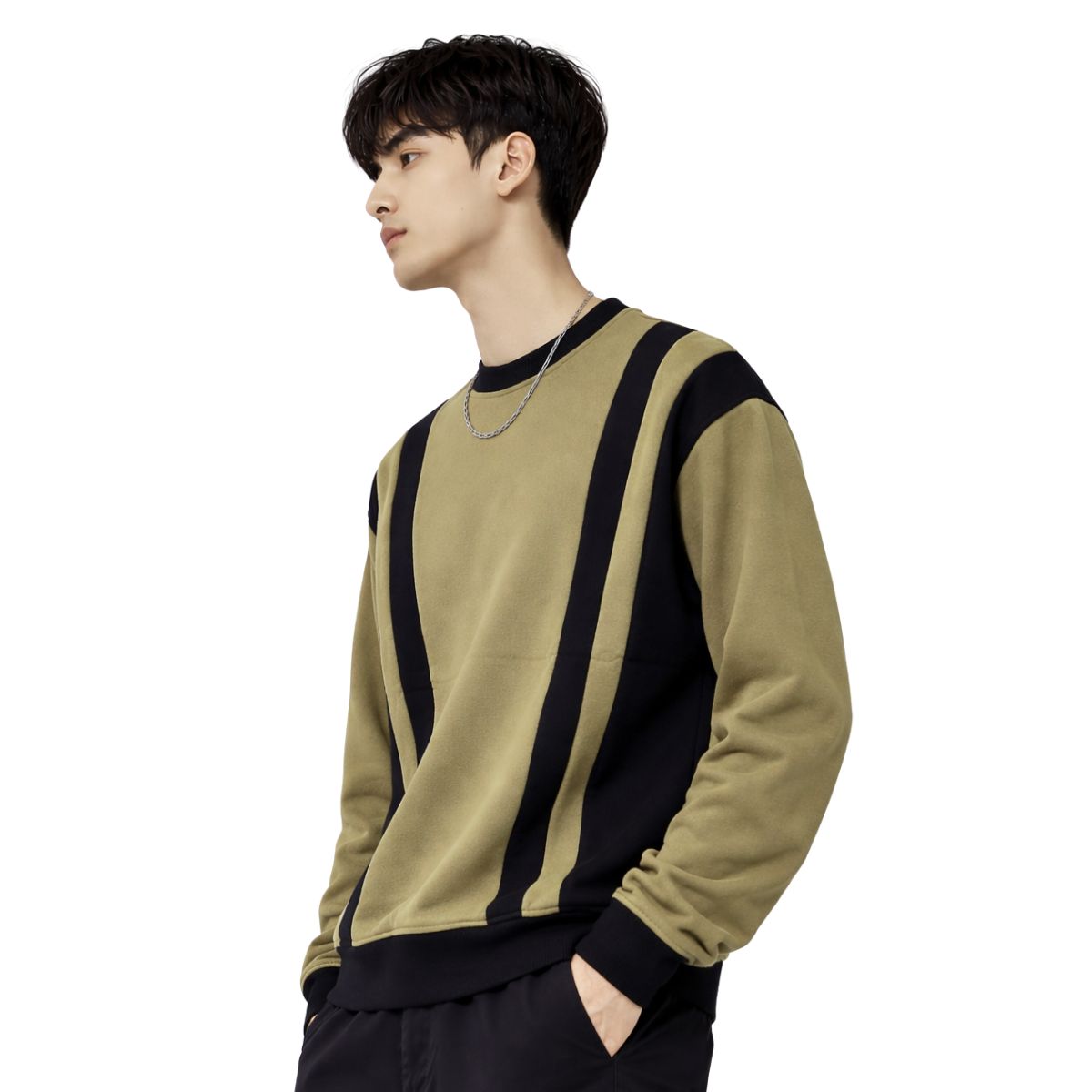 HG Cut & Sew Color-Block Crewneck Terry Sweat Shirt – Brown