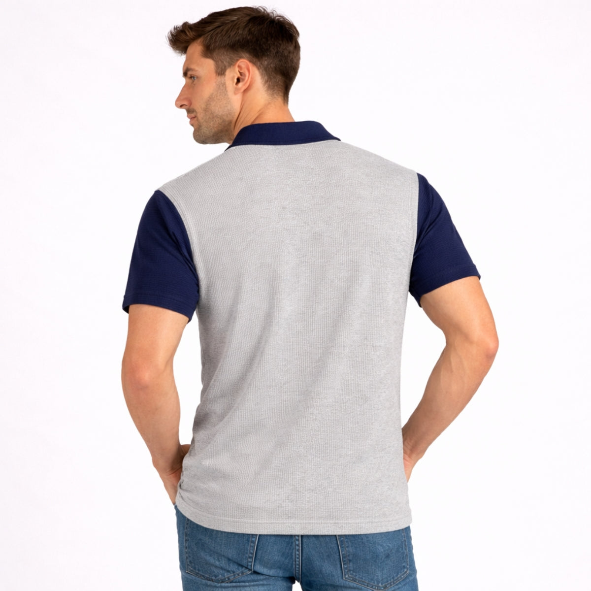 Men’s Premium Thermal Knit Half-Zip Polo Shirt – Gray & Navy