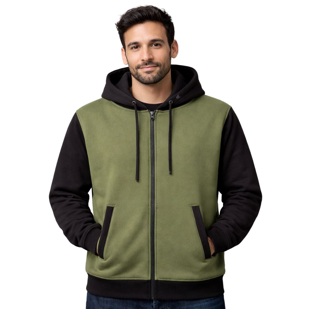 HG Two-Tone Fleece Zip-Up Hoodie – Olive Green & Black