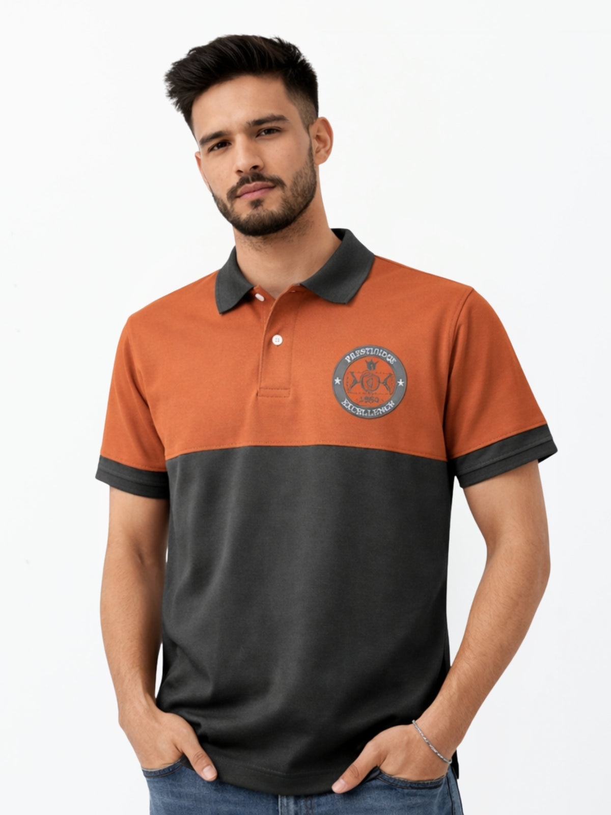 Men's Signature Emb Luxury Panel Polo - Rust & Dark Gray