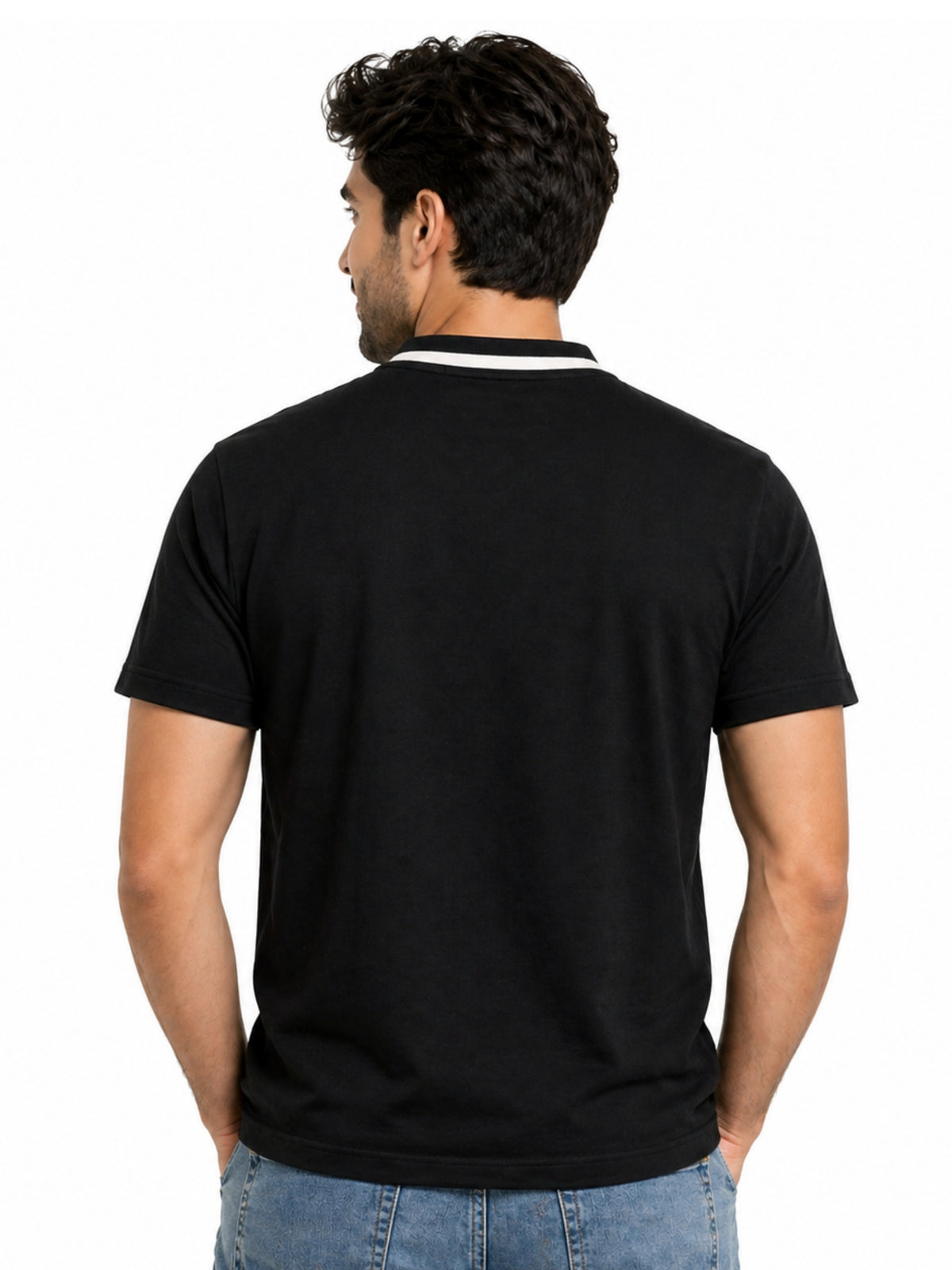 Men’s Signature Embroidered Contrast Neck Henley T-Shirt – Black