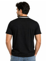 Men’s Signature Embroidered Contrast Neck Henley T-Shirt – Black