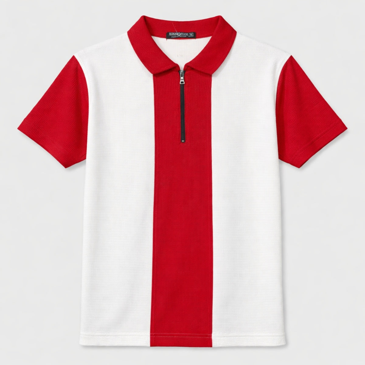 Men’s Premium Thermal Knit Half-Zip Polo Shirt – White & Red