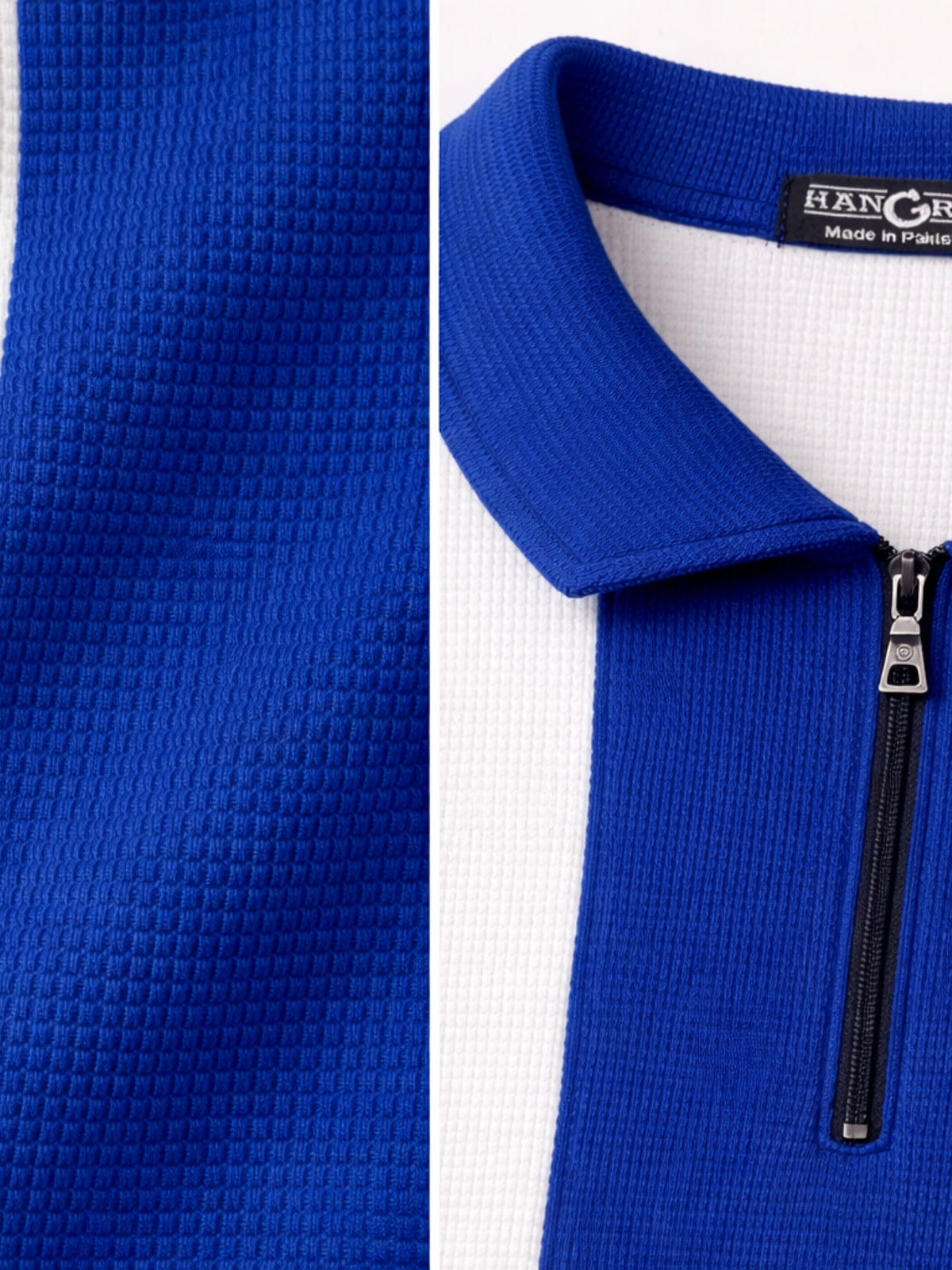 Men’s Premium Thermal Knit Half-Zip Polo Shirt – White & Blue