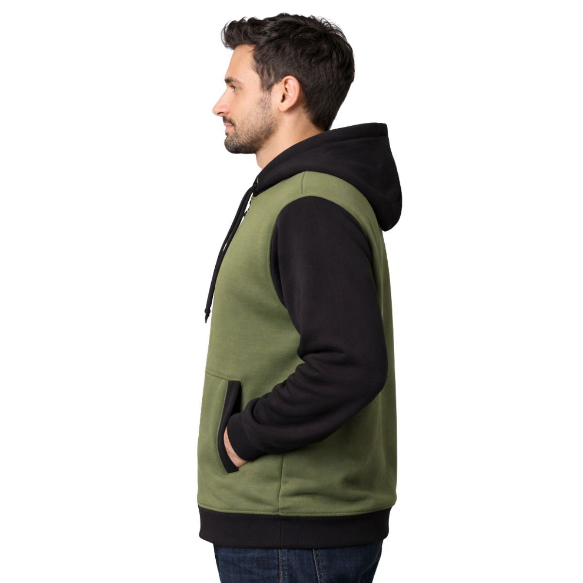 HG Two-Tone Fleece Zip-Up Hoodie – Olive Green & Black
