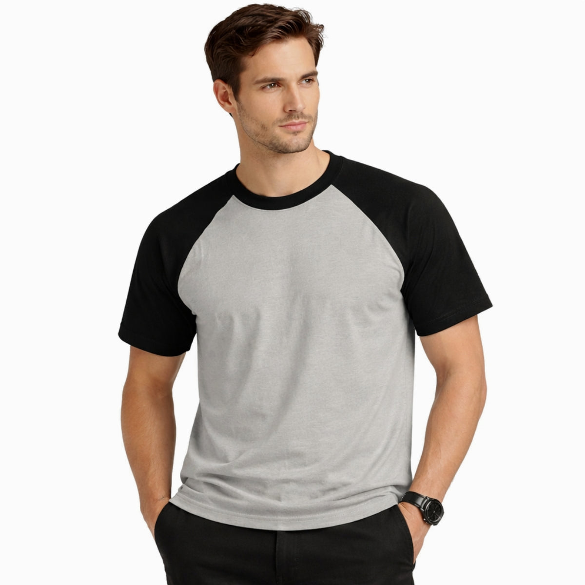 Men's Classic Raglan Tee Shirt - Light Gray & Black