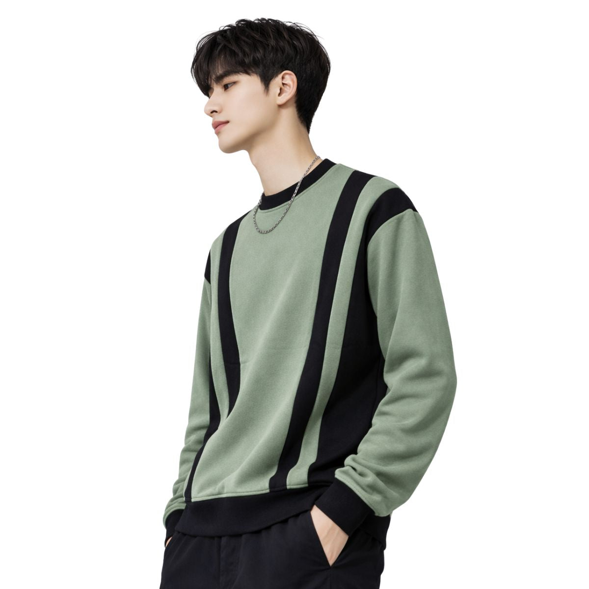 HG Cut & Sew Color-Block Crewneck Terry Sweat Shirt – Sage Green