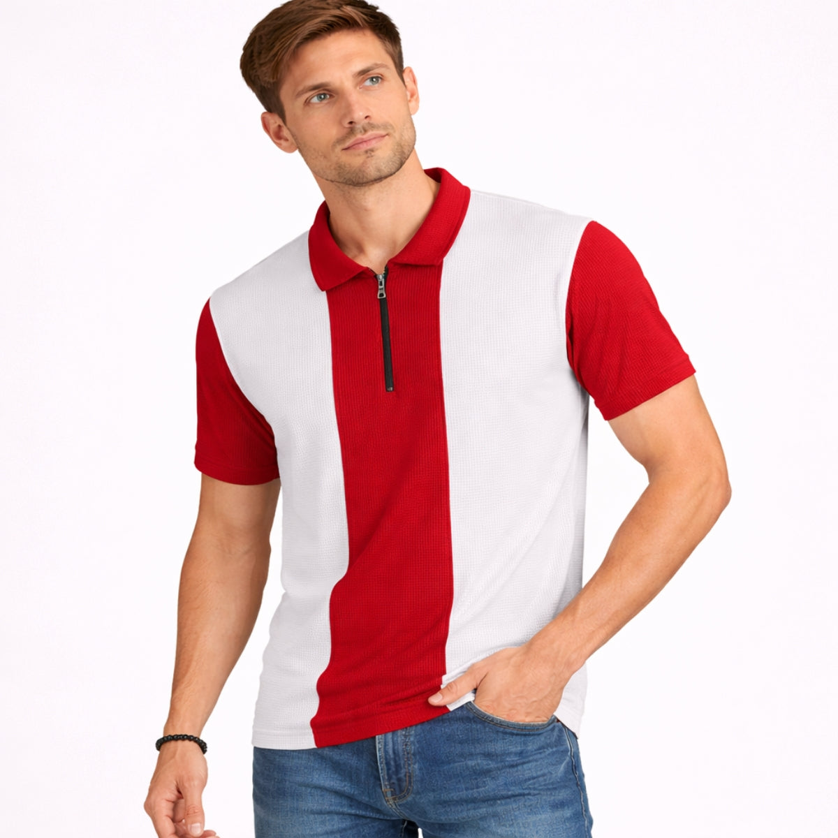 Men’s Premium Thermal Knit Half-Zip Polo Shirt – White & Red