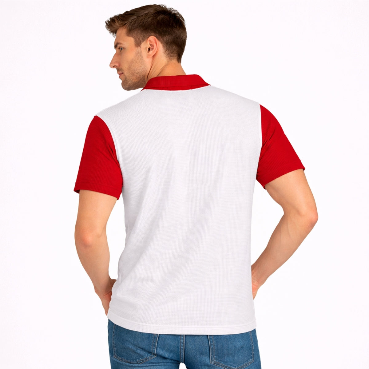 Men’s Premium Thermal Knit Half-Zip Polo Shirt – White & Red