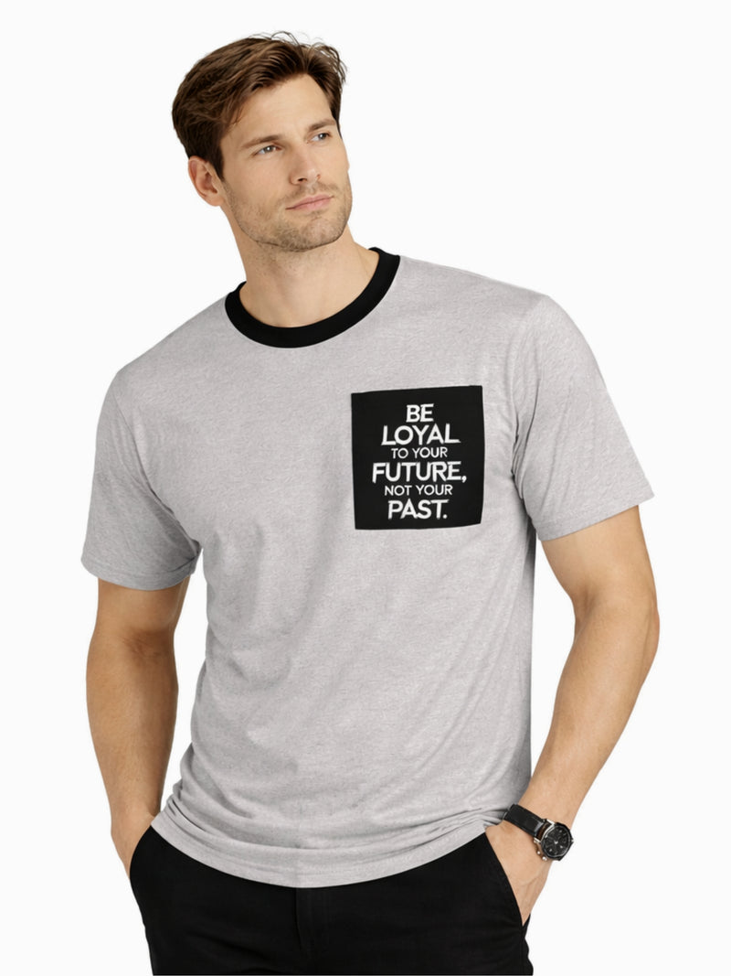 Men's Round Neck Contrast Printed Pocket Tee Shirt - Light Gray