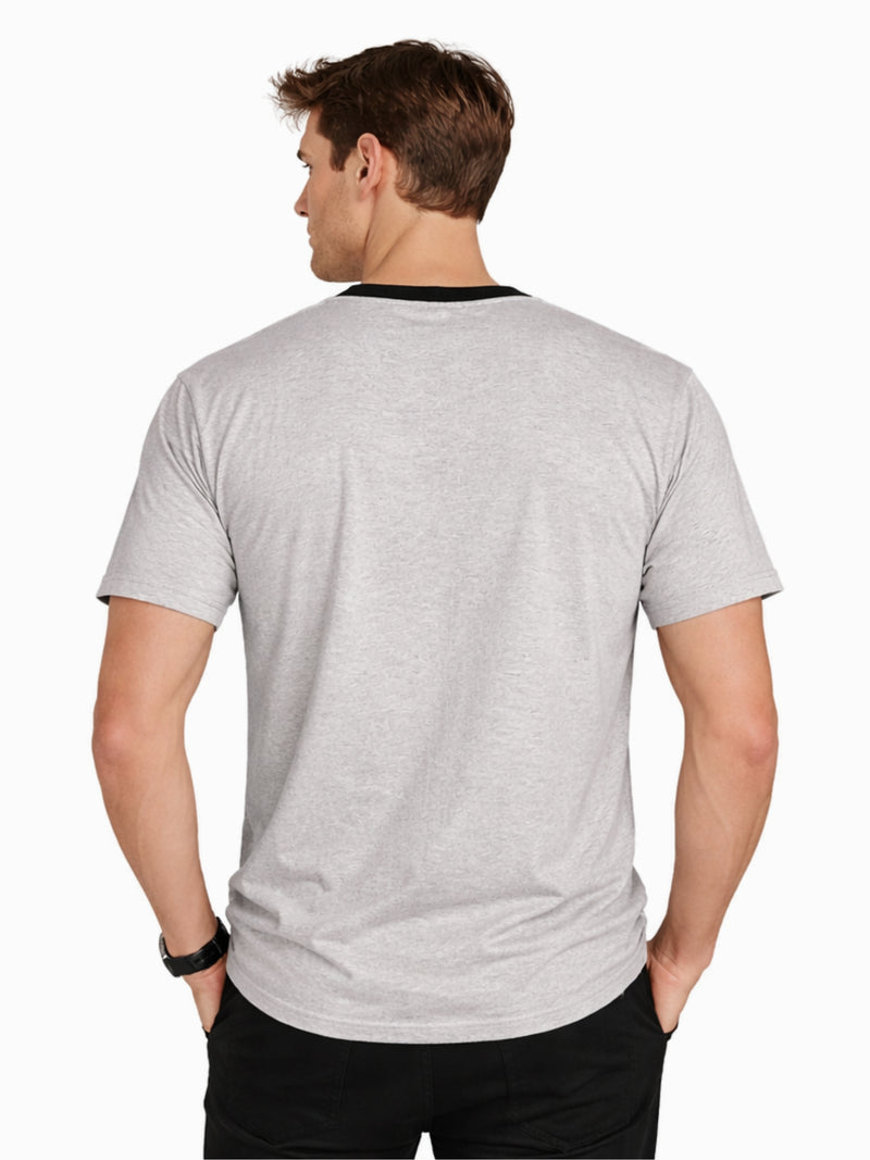 Men's Round Neck Contrast Printed Pocket Tee Shirt - Light Gray