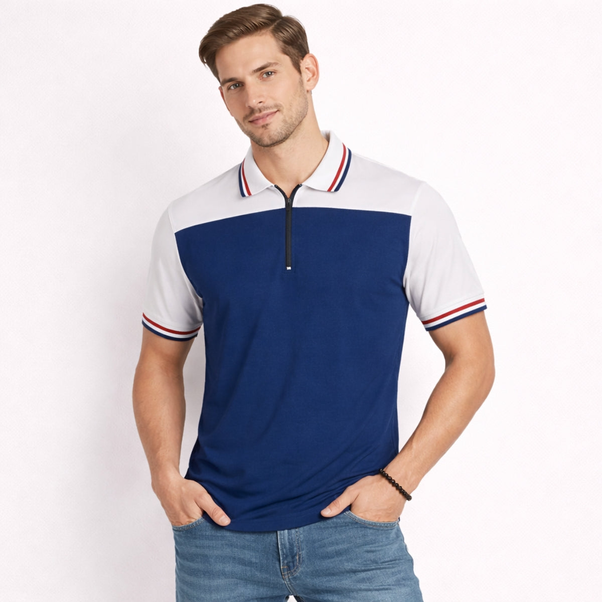 Men’s Modern Luxe Panel Half Zip Polo Shirt - Blue & White