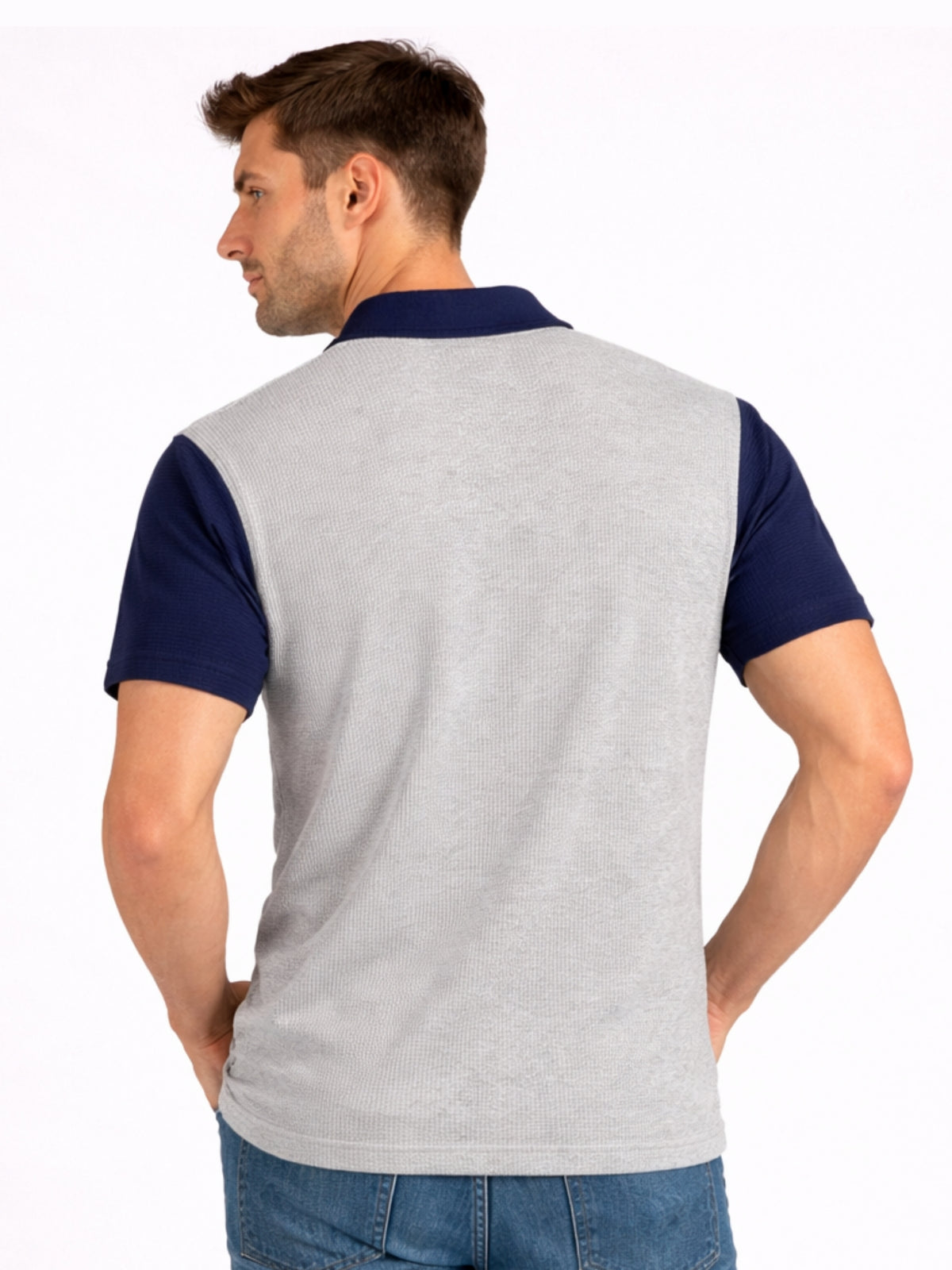 Men’s Premium Thermal Knit Half-Zip Polo Shirt – Gray & Navy