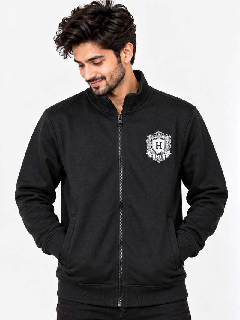 Mock Neck Fleece Zipper Jacket With Badge - Black