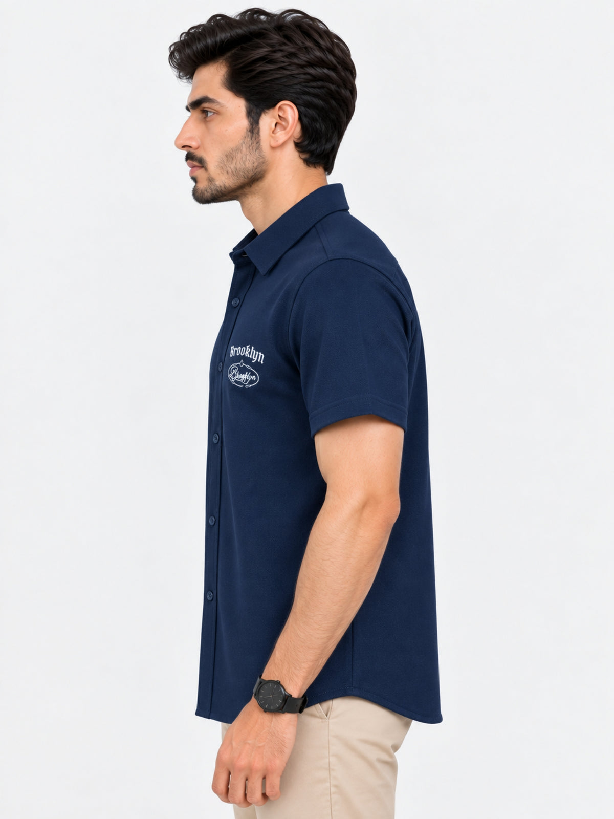 Classy "Brooklyn" Embroidered Soft Cotton Casual Shirt - Navy