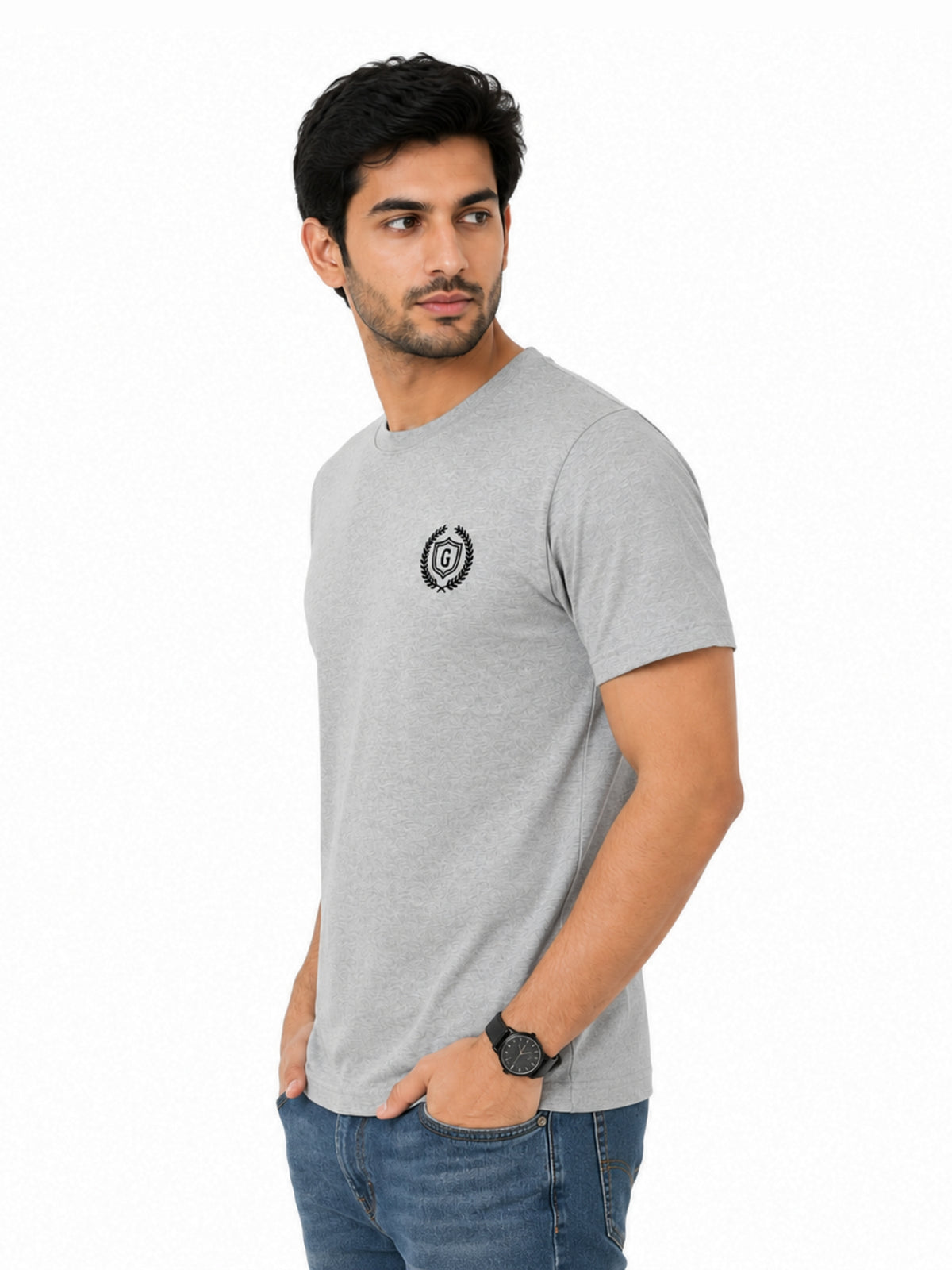 Men's Signature Emb. Round Neck Tee Shirt - Light Gray