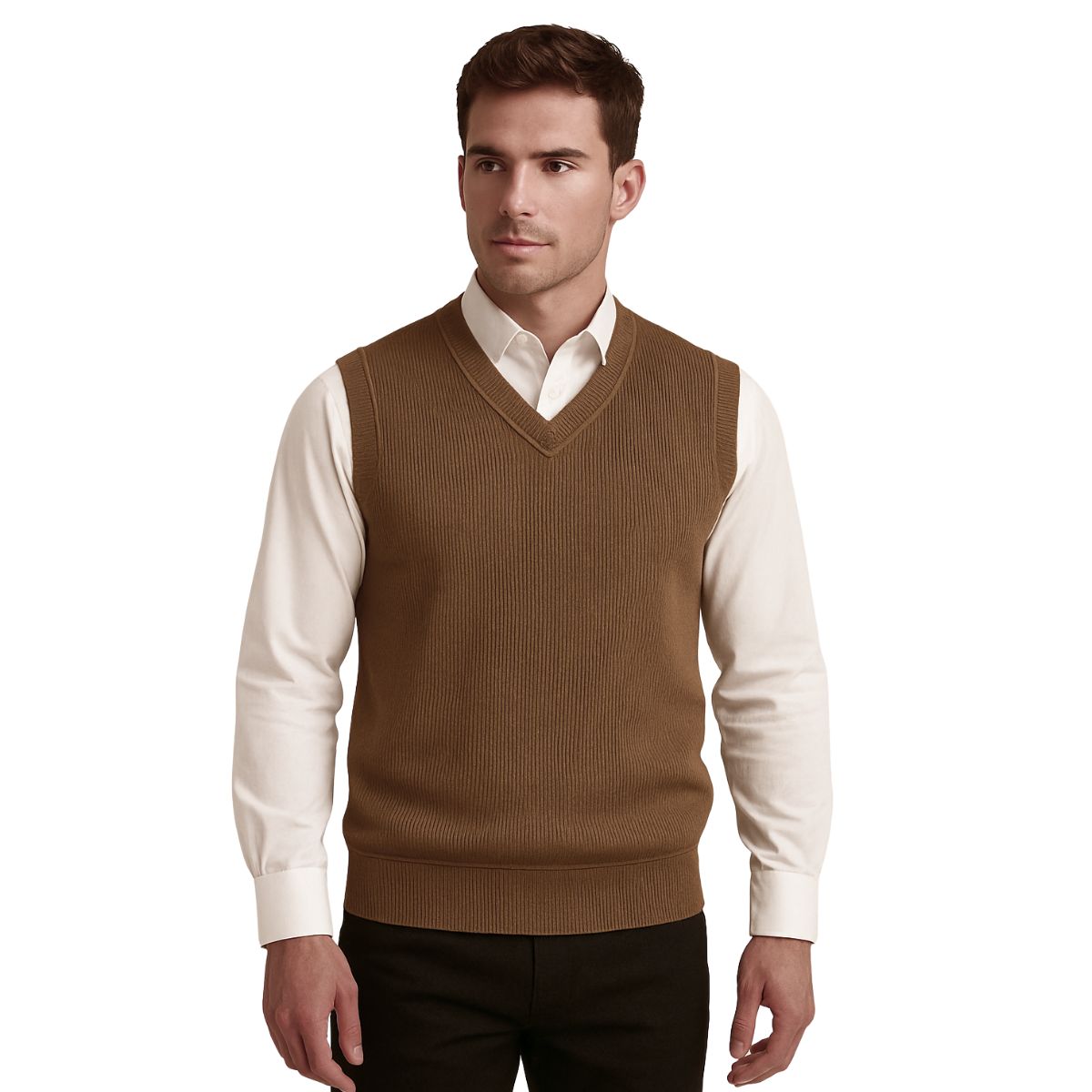 HG Men's Ribbed V-Neck Sleeveless Sweater - Otter Brown