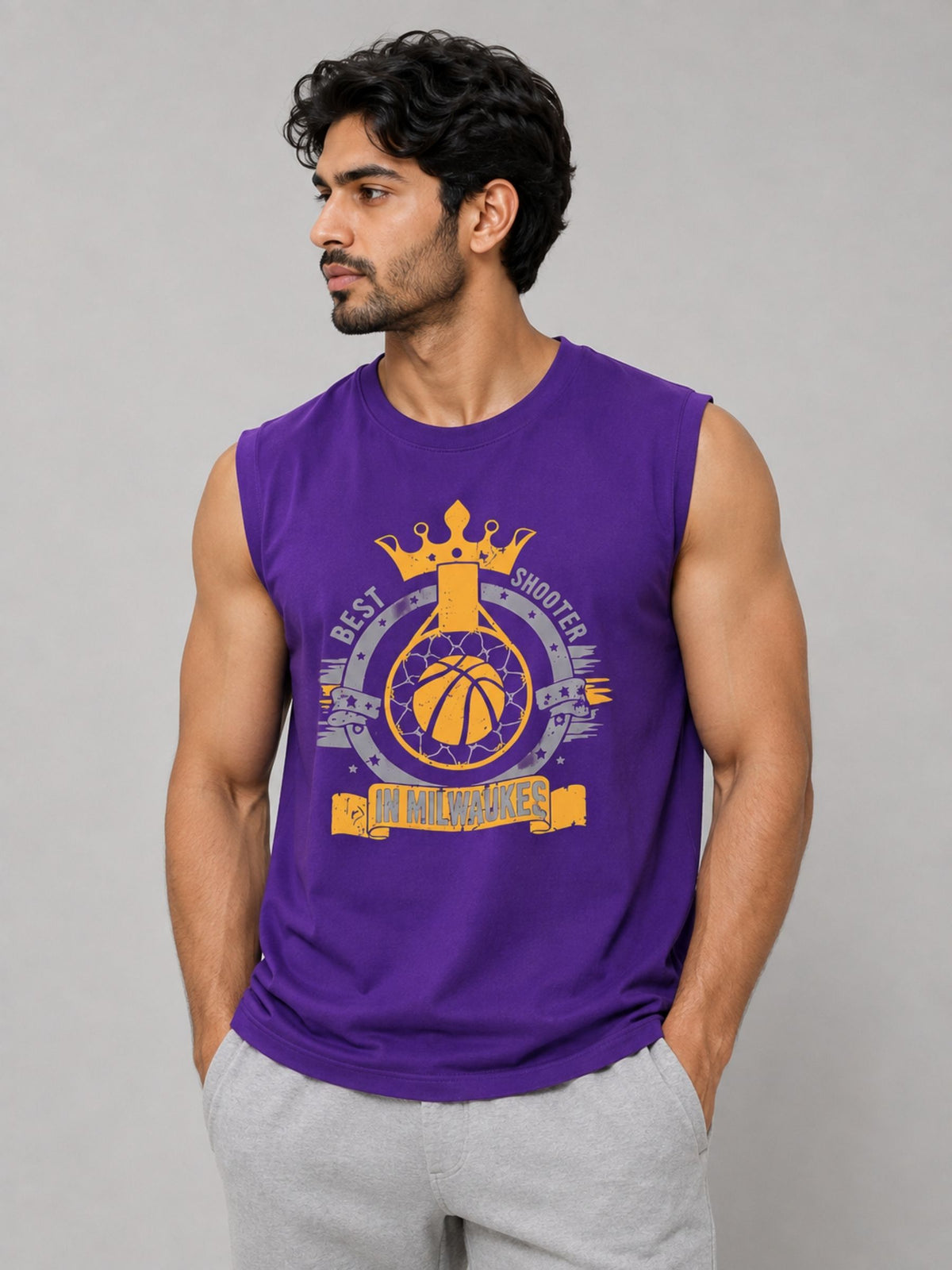 Graphic Printed Sleeveless Tee Shirt - Purple