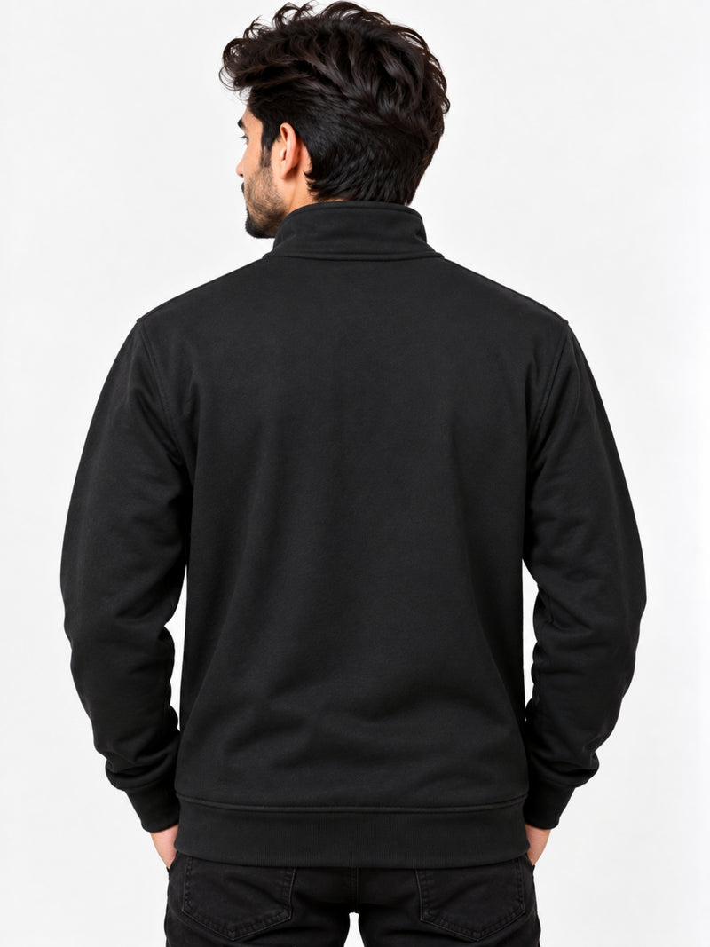 Mock Neck Fleece Zipper Jacket With Badge - Black