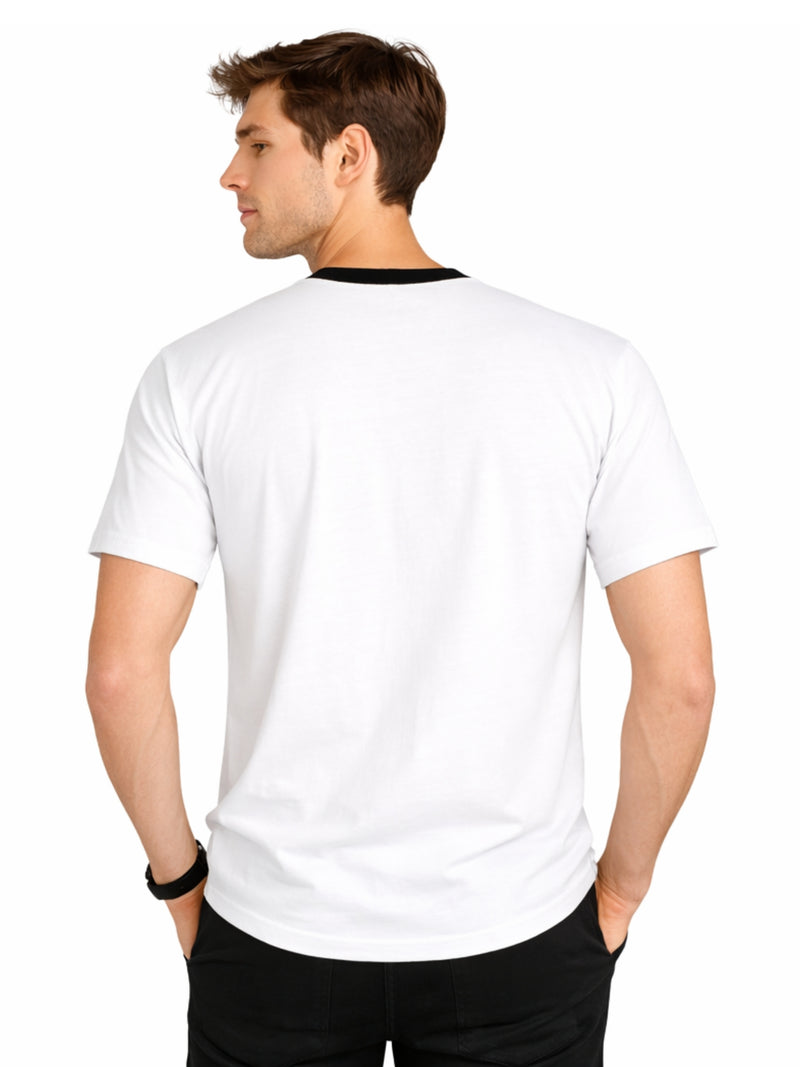Men's Round Neck Contrast Printed Pocket Tee Shirt - White